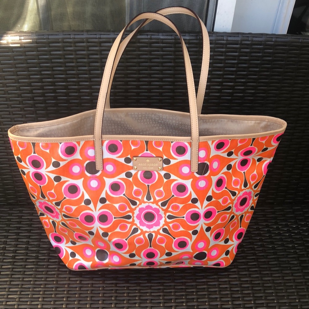 Kate Spade XLarge Geometric Orange Pink Coated Canvas Tote Bag